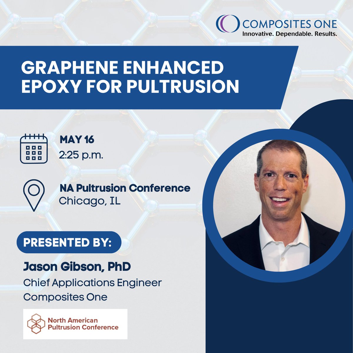 compositesone's tweet photo. Happening tomorrow at the 2023 #NorthAmericanPultrusionConference in Chicago, IL. Join Composites One's Jason Gibson, PhD, Chief Applications Engineer, as he presents Graphene Enhanced Epoxy for #Pultrusion! @ACMAcomposites #CompositesOne #Innovation #Graphene https://t.co/VAzagCTug0