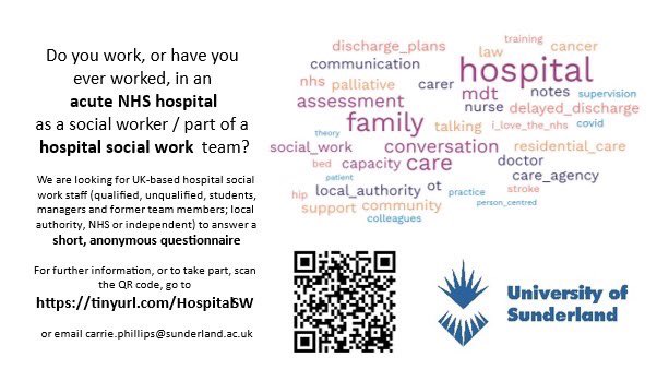 Calling all current and former hospital social workers, care managers etc, from acute NHS hospitals in the UK! I am completing my PhD, and the final phase of data collection is now live. For further information or to take part go to tinyurl.com/HospitalSW