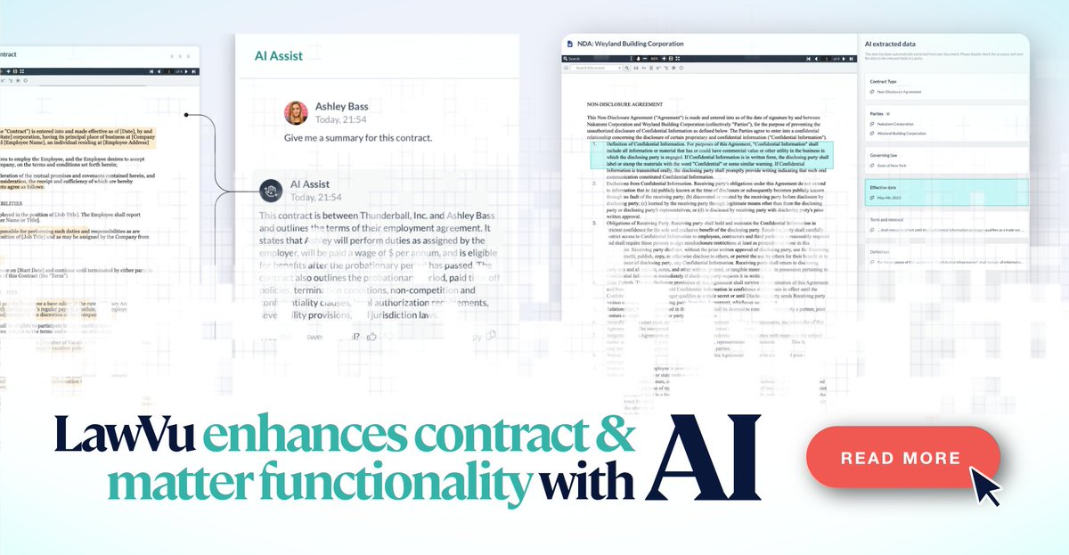 Law_Vu's tweet photo. Introducing new #AI-powered features to LawVu!🔥🤖

We've partnered with industry giants Zuva and @Microsoft to bring new AI features to life, built to help #inhouselegal save time and action contracts faster than ever before. 

https://t.co/ea3mZxHt6Z

#legaltech #legalops https://t.co/uvA4O0QIGb