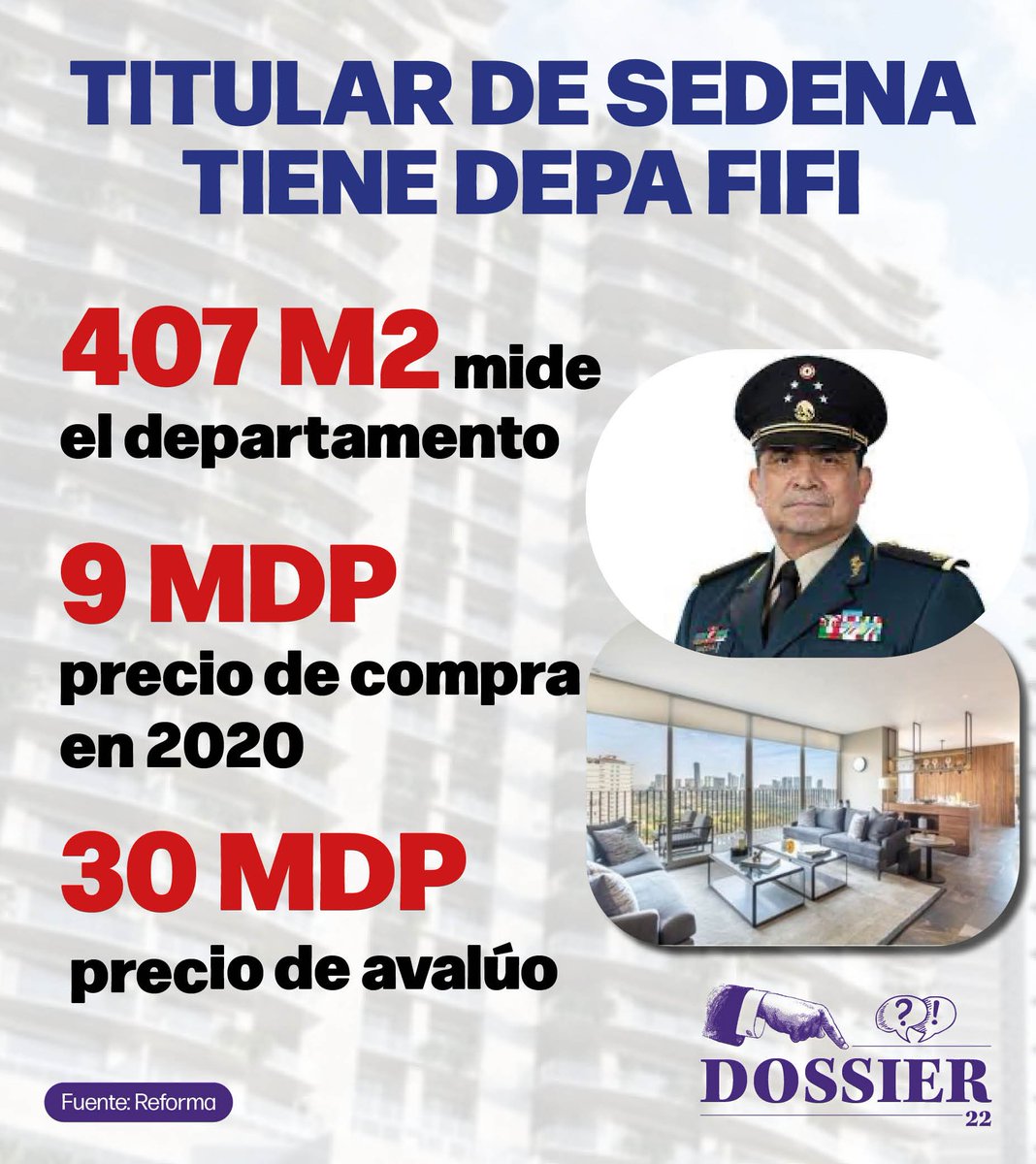 ProyectoDossier's tweet photo. La socia de una empresa proveedora del Ejército le vendió al secretario Luis Cresencio Sandoval, un lujoso departamento en el exclusivo fraccionamiento Bosque Real, en #Huixquilucan. El Secretario reportó que le costó 9 mdp. El cuate de la #4T se dio un gustito nada austero. https://t.co/JVV95poiXD