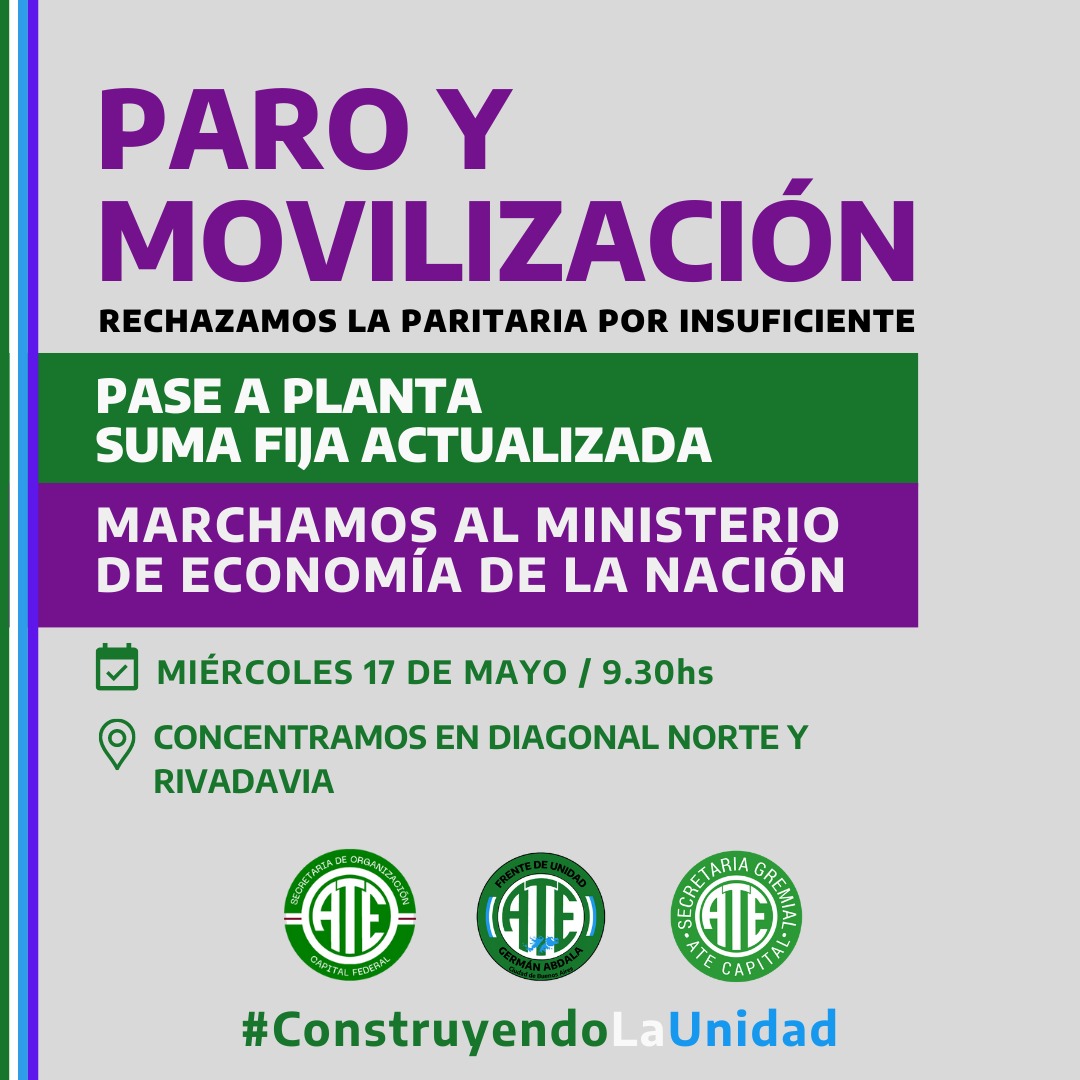 FrenteGerman's tweet photo. Concentramos 9:30hs en Diagonal Norte y Rivadavia para hacer escuchar nuestro reclamo frente al Palacio Municipal del GCBA y luego marchamos al Ministerio de Economía Nacion.

#ParitariaEstatal #SalariosDignos #Estabilidad #ConstruyendoLaUnidad #ATECapital https://t.co/0zLfSrxiJK