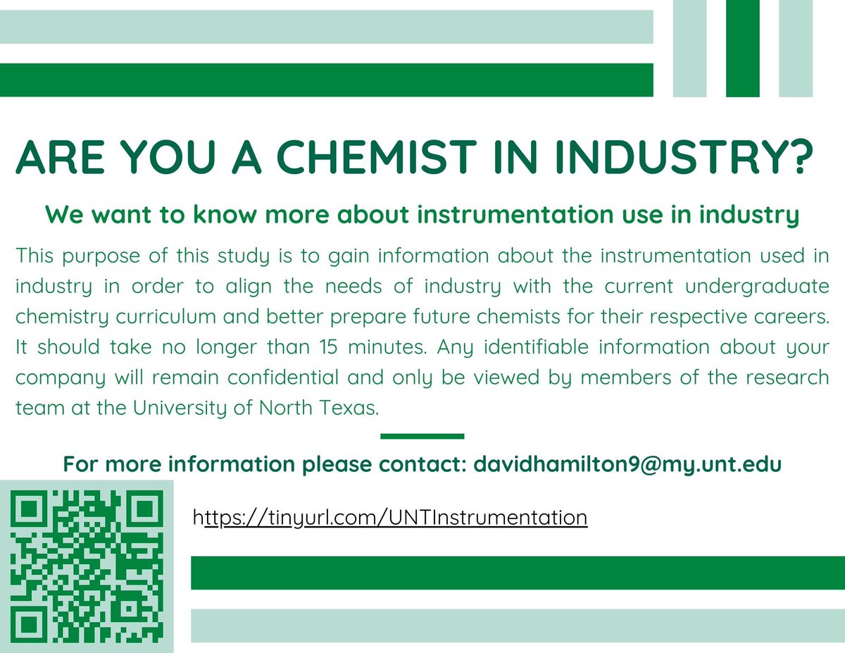 Dr. Molly B. Atkinson (@mollybatkinson) on Twitter photo Are you an industry chemist?
Please take our survey on instrumentation use! Our goal is to better align industry needs with undergraduate instruction.
Survey: tinyurl.com/UNTInstrumenta…
#CER #DBER #ChemTwitter #Industry #ChemIndustry <a href="/UNTScience/">UNT College of Science</a> <a href="/UNTChemistry/">UNT Department of Chemistry</a> <a href="/UNTEngineering/">University of North Texas Engineering College</a> Are you an industry chemist?
Please take our survey on instrumentation use! Our goal is to better align industry needs with undergraduate instruction.
Survey: tinyurl.com/UNTInstrumenta…
#CER #DBER #ChemTwitter #Industry #ChemIndustry <a href="/UNTScience/">UNT College of Science</a> <a href="/UNTChemistry/">UNT Department of Chemistry</a> <a href="/UNTEngineering/">University of North Texas Engineering College</a>
