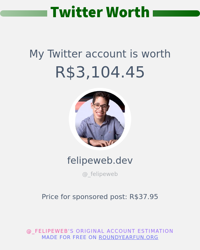 _felipeweb's tweet photo. Meu valor no Twitter é: R$3,104.45

➡️ https://t.co/83oPfpbK1K https://t.co/8muAOBelu9