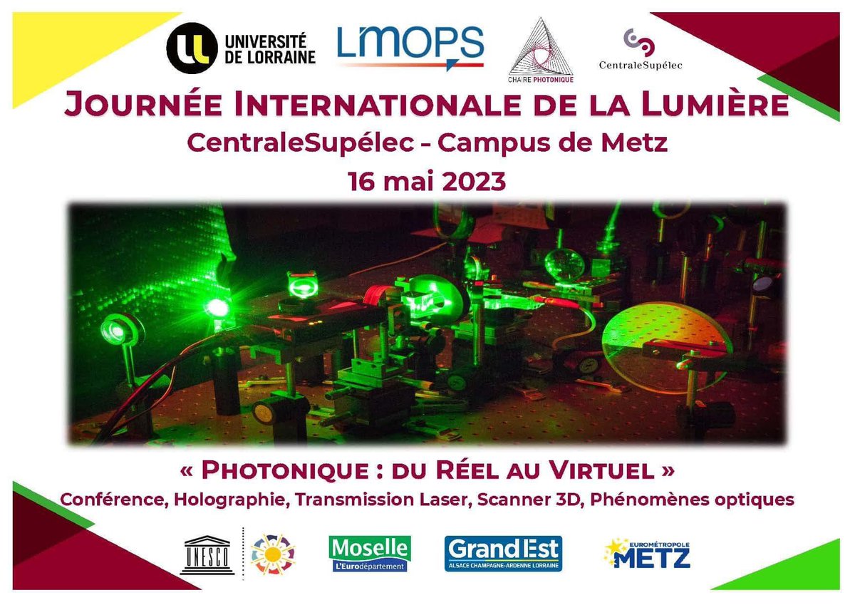 #LightDay2023 <a href="/IDLofficial/">International Day of Light 16 May</a> <a href="/centralesupelec/">CentraleSupélec</a> chair in photonics welcomes young students from <a href="/MoselleCD57/">Département Moselle</a> <a href="/EuroMetroMetz/">Eurométropole de Metz</a> @MairiedeMetz to introduce the applications of photonics, with a special focus on holograms !