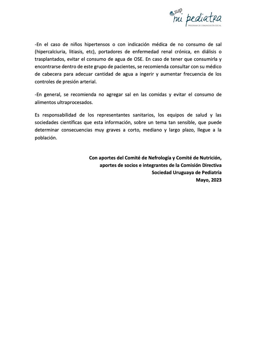 Recomendaciones de la Sociedad Uruguaya de Pediatría con respecto al consumo de agua de OSE en estos momentos