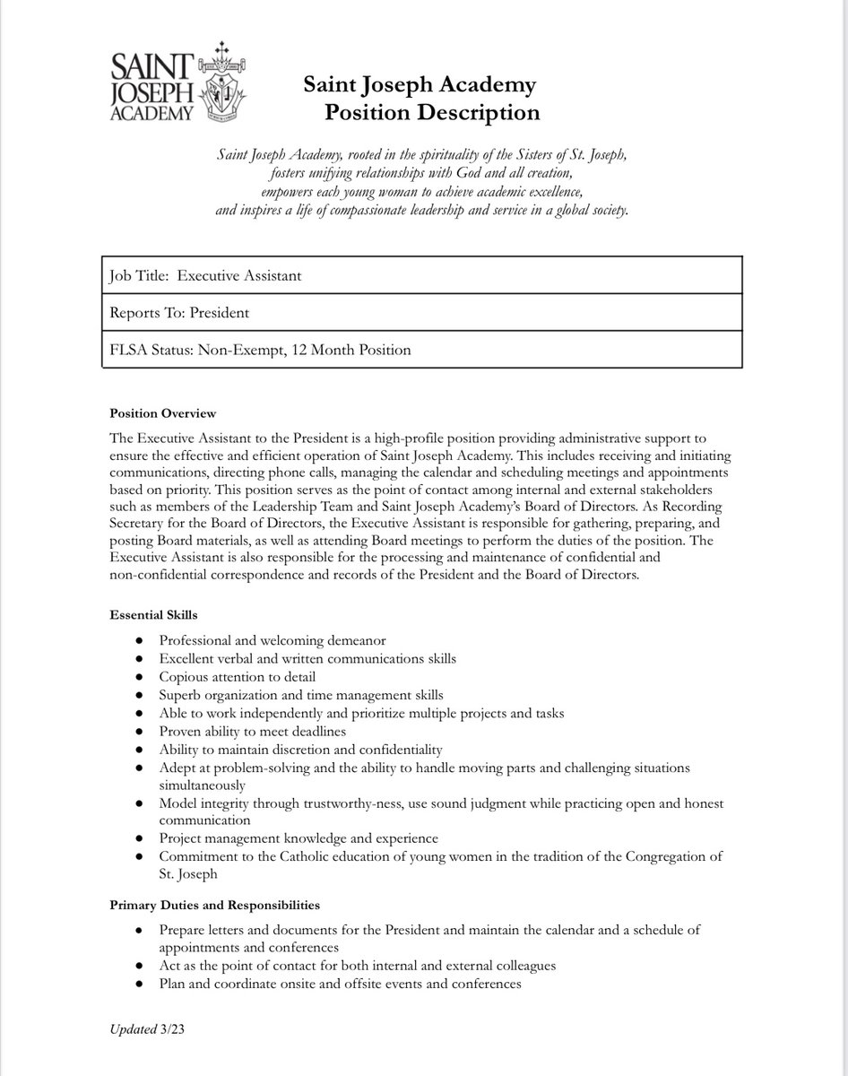 JCUNonprofit's tweet photo. Saint Joseph Academy is seeking an Executive Assistant &amp; Campaign Coordinator!

For more information please see the images below: https://t.co/xO4fPrSQVa