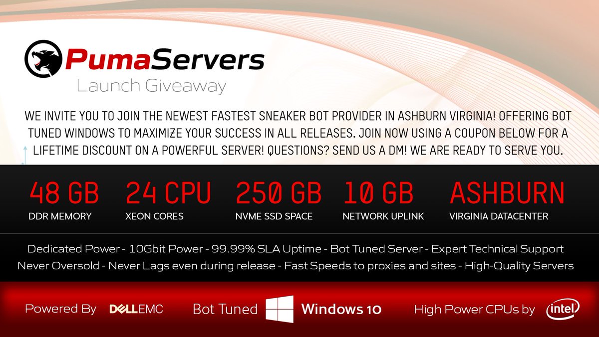 🚨 PUMASERVERS LAUNCH SALE GIVEAWAY 🚨

We are giving away 2 months access to Poseidon series 48 GB / 24 CPU servers as part of our launch festivities!

For the chance to win:
✅Like + Follow + Retweet
✅TAG 2 Friends

Deploy a powerful Server today at pumaservers.com