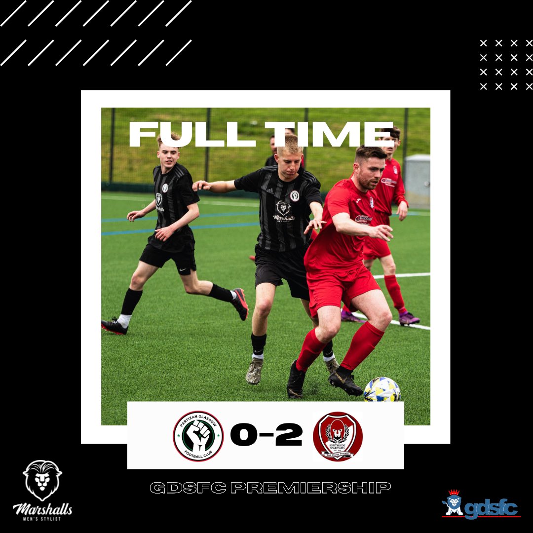 Partizan Glasgow FC (@partizanglasgow) on Twitter photo 𝗙𝗧: ✊🏼 Partizan Glasgow 0-2 Southside Spartans 🔴
We suffer our first defeat in five to a strong Spartans side who secure the league title following their victory.
Congratulations <a href="/SouthSpartansFC/">Southside Spartans</a> on being crowned Premiership champions, well-deserved 👍🏼
#ForzaPartizan ⚫️⚪️ 𝗙𝗧: ✊🏼 Partizan Glasgow 0-2 Southside Spartans 🔴
We suffer our first defeat in five to a strong Spartans side who secure the league title following their victory.
Congratulations <a href="/SouthSpartansFC/">Southside Spartans</a> on being crowned Premiership champions, well-deserved 👍🏼
#ForzaPartizan ⚫️⚪️