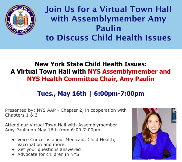 NYS AAP - Chapter 2 (@nysaapch2) on Twitter photo Join us for virtual town hall with <a href="/AmyPaulin/">Assemblywoman Amy Paulin</a> as pediatricians from <a href="/NY1AAP/">NYSAAPCH1</a> <a href="/NYSAAPCH2/">NYS AAP - Chapter 2</a> and <a href="/NYSAAPCH3/">NYS AAP - Chapter 3</a> voice concerns about child health issues. #VoteKids Join us for virtual town hall with <a href="/AmyPaulin/">Assemblywoman Amy Paulin</a> as pediatricians from <a href="/NY1AAP/">NYSAAPCH1</a> <a href="/NYSAAPCH2/">NYS AAP - Chapter 2</a> and <a href="/NYSAAPCH3/">NYS AAP - Chapter 3</a> voice concerns about child health issues. #VoteKids
