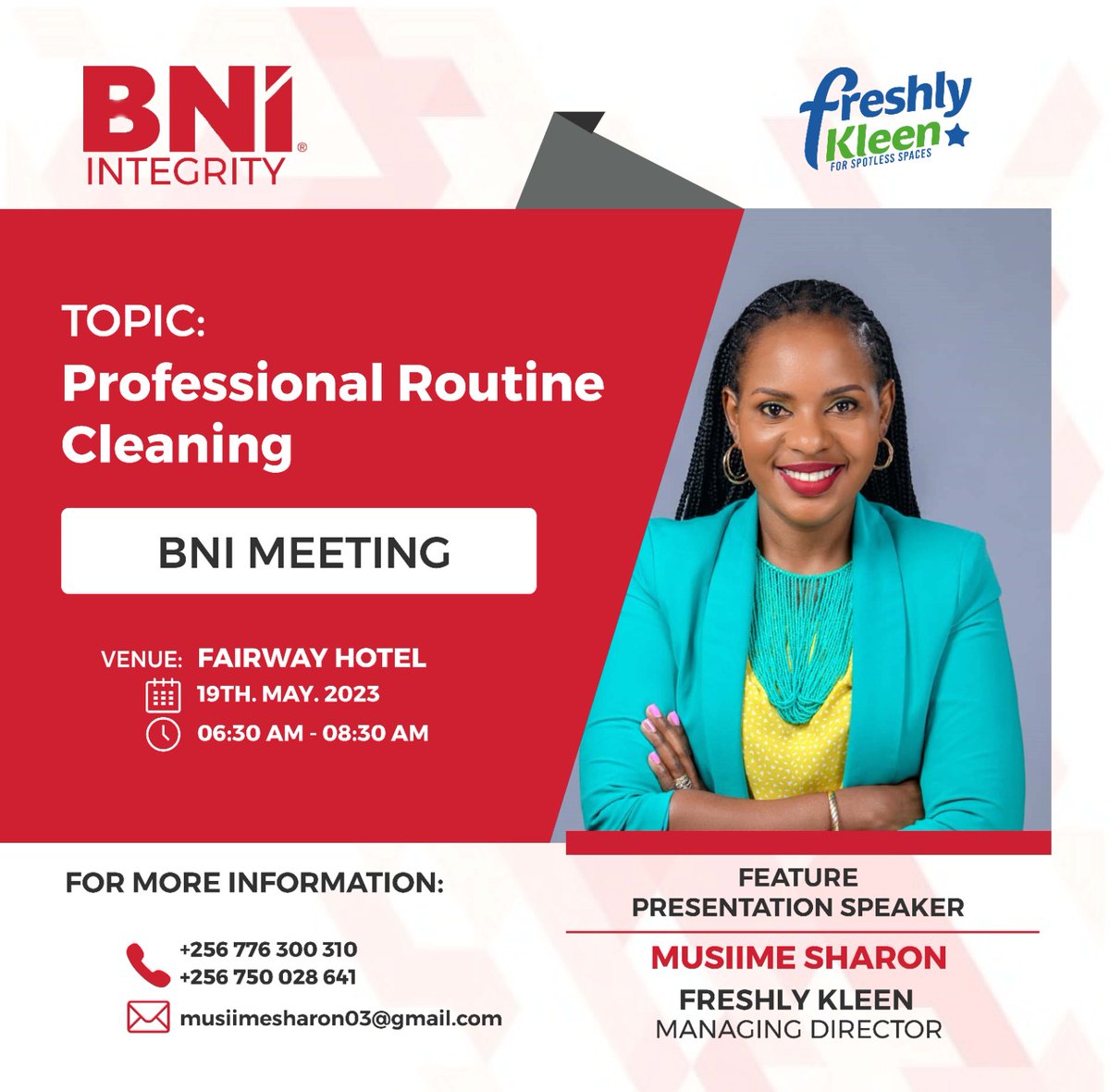 This week at BNI: Join Sharon Musiime as she speaks about professional routine cleaning. To join BNI: lnkd.in/djKuJ6xn #bnireferralsatwork, #bnireferralsource, #bnireferralsinmotion