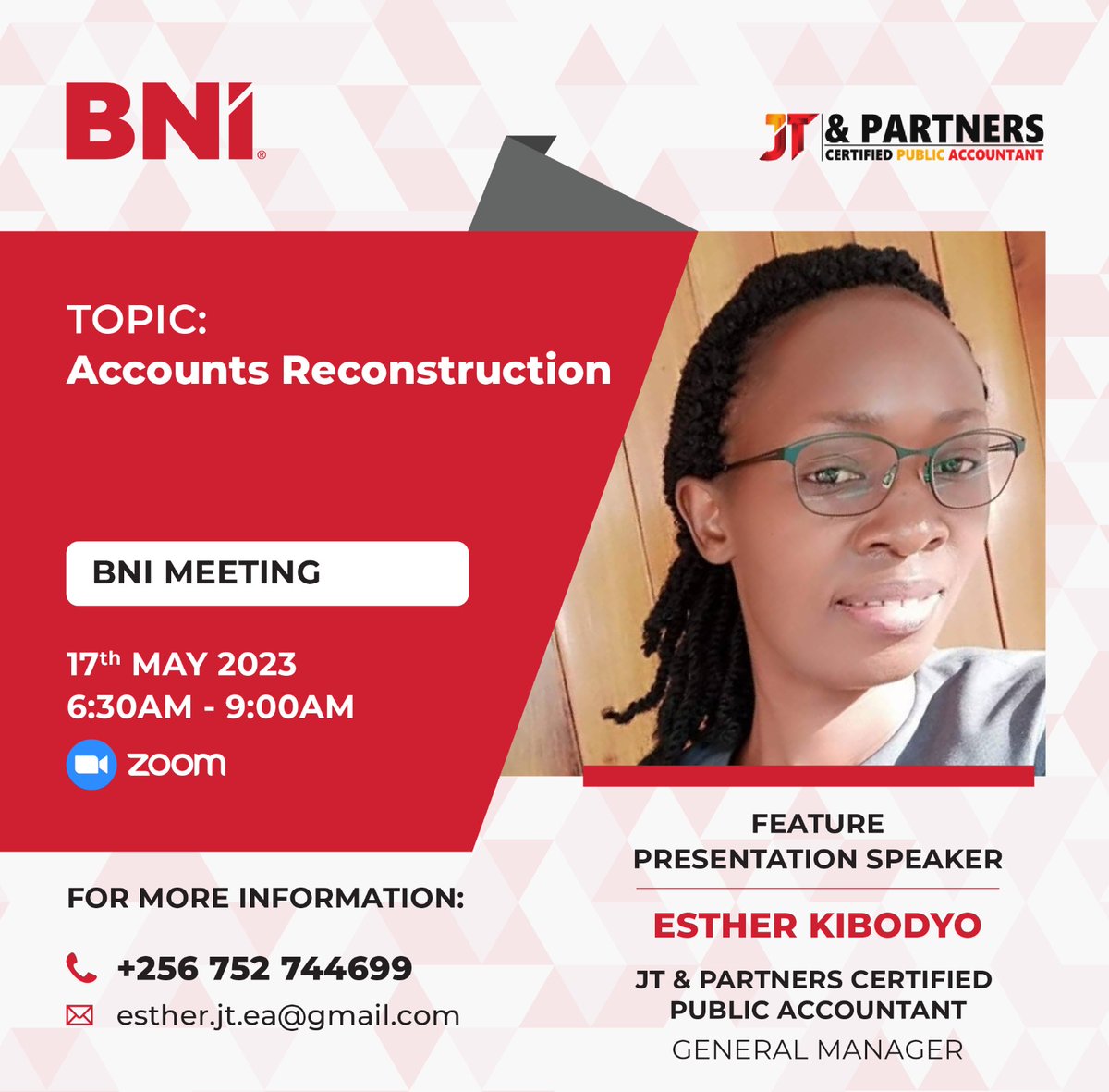 This week at BNI, join ESTHER KIBODYO as she presents on Accounts reconstruction. #bnireferralsatwork, #bnireferralsource, #bnireferralsinmotion
