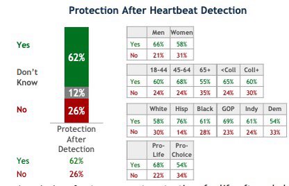 Heartbeat laws, laws that protect a preborn child once their heartbeat can be detected are POPULAR. This poll in Florida, a swing state, shows 62% of Floridians support the heartbeat law, including 58% of women, 54% of Democrats, and 76% of Hispanics! sbaprolife.org/wp-content/upl…