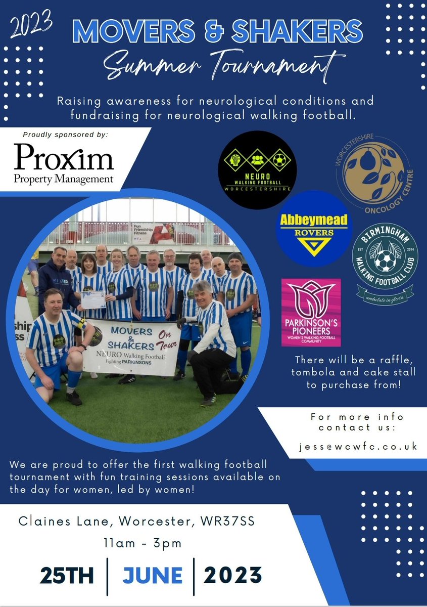 Join us for a day of raising awareness, fundraising & giving #walkingfootball a go!

#SupportThroughSport #Sport4All
#WorcestershireHour #Parkinsons #MS #Stroke #Oncology #Womenswalkingfootball #LaFamilia