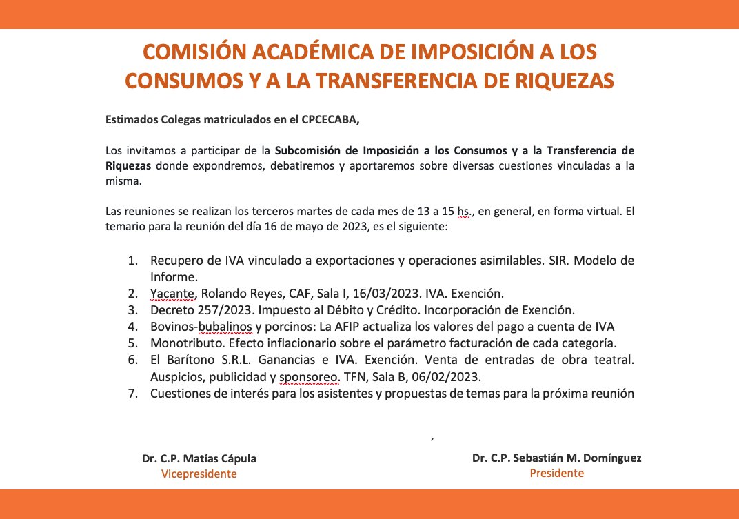 matiascapula's tweet photo. 📅Martes 16/5
⏰ De 13 a 15 hs
💻Zoom

Los invitamos a la Comisión Académica de Imposición a los Consumos y a la Transferencia de Riquezas del
@ConsejoCABA donde trataremos diversos temas de actualidad.

Pueden inscribirse a través de la web del Consejo.

Los esperamos. https://t.co/ChXG5o3cgo