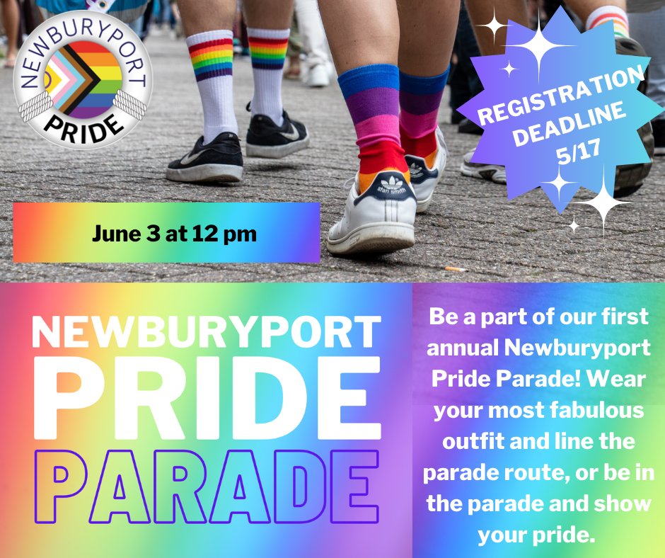 The deadline to register to MARCH in the parade is 5/17.    Join the fun and click the link to register:
newburyportpride.com/marching-in-th…