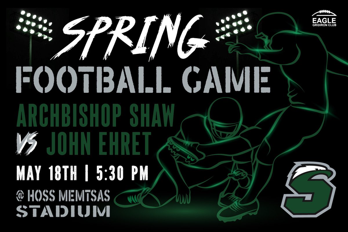 📢 SPRING FOOTBALL GAME‼️
🚨 2023 Varsity Football 🚨
🏈 Archbishop Shaw
🆚 John Ehret 
📅 Thursday, May 18th
🕖 5:30 pm 
📍 Hoss Memtsas Stadium
🦅🟢⚪️
<a href="/awestbankthing/">Archbishop Shaw Football</a> 

$5 entry at gate