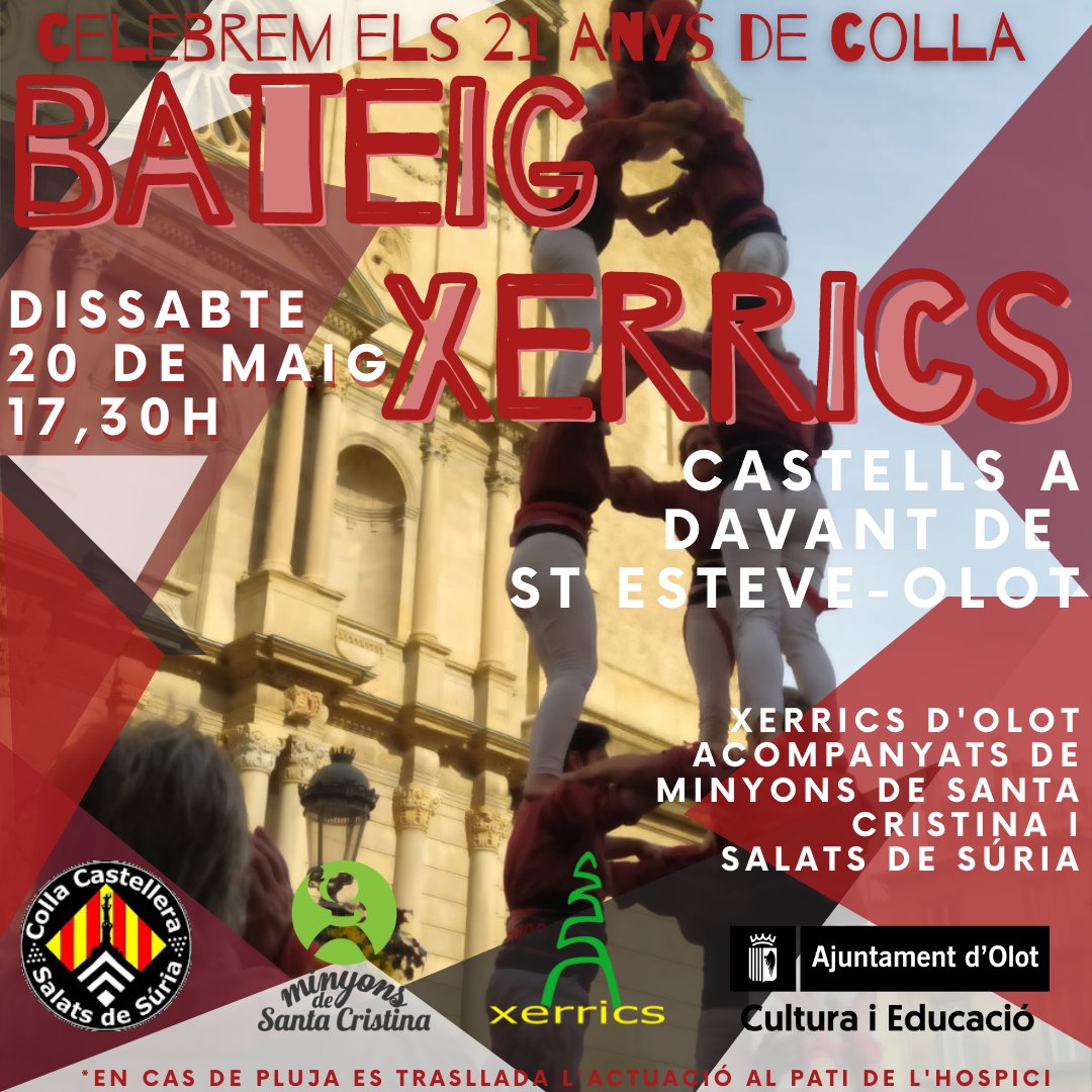 XerricsOlot's tweet photo. Iniciem la setmana amb la mirada posada en el dissabte vinent.
Celebrem el nostre aniversari de bateig, en fem 21!I ho celebrem amb una #diada castellera a @Olotuit amb @Minyons_SC i @SalatsSuria
#castells #castellers #castelleres #aniversarixerrics #dissabte #cultura #garrotxa https://t.co/cwgkrfSjCN