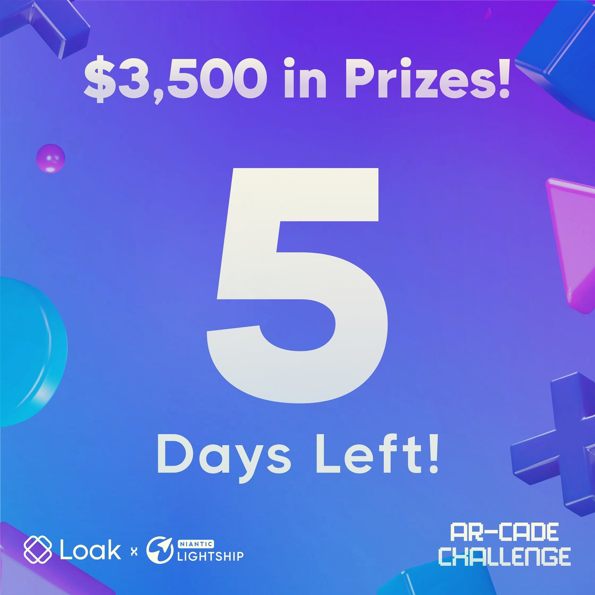 ⏰5 days left in the Loak x <a href="/NianticLabs/">Niantic</a> AR-CADE Challenge! Submit your @LightshipAR creations to win up to $3,500! All eligible submissions will be uploaded to the Loak app and will instantly win our Entry Prize worth $100 🏆💸#augmentedreality #gamejam #loak #niantic #lightship