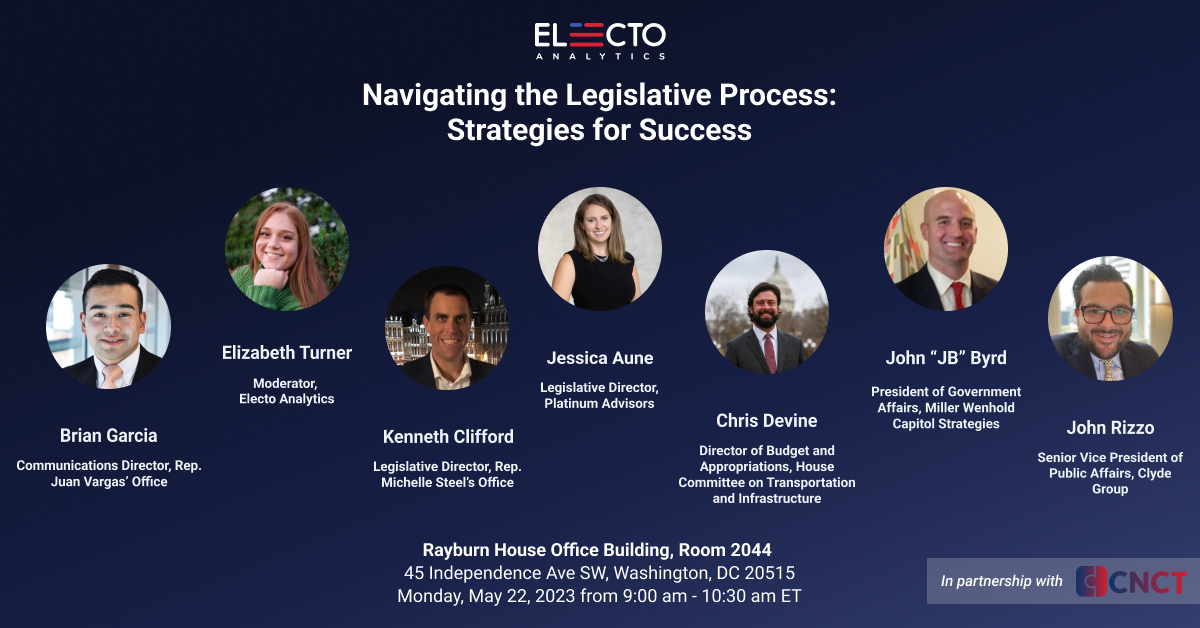 ElectoAnalytics's tweet image. Join @ElectoAnalytics for a roundtable discussion on Navigating the Legislative Process: Strategies for Success with panelists who are experts in government affairs and Hill staffers on Monday, May 22 at 9 a.m.

RSVP &amp;amp; Details: share.hsforms.com/1Bya-gUNNTm2ik…