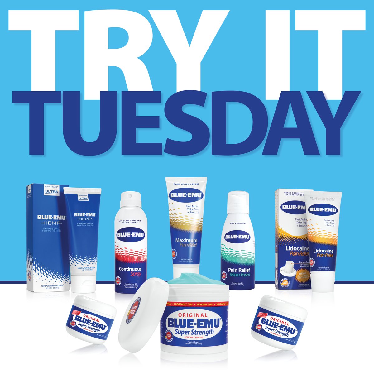 Win it. Try it. Love it. #TryItTuesday

@ someone who would love to try us. If they💬with which Blue-Emu they would like to try, you both have a chance to win it.

Must be following to win!

❤️+💬+🔃 = entry to win | US only
(love+comment+share)

🇺🇸Made | blue-emu.com