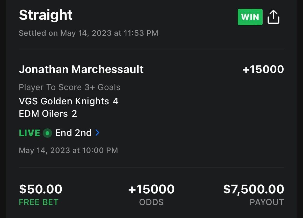 Cashed $7.5K off a FREE BET on Jonathan Marchessault's hat trick