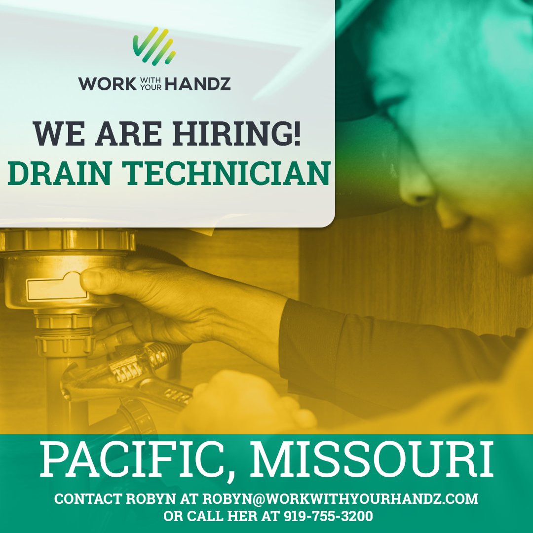 workwithyourha1's tweet image. 🚨Attention West St. Louis County🚨

Our Client is #nowhiring a #DrainTechnician! They are offering competitive pay in a great team environment! Contact Robyn at Robyn@workwithyourhandz.com. Join our team and grow with us! 

hubs.la/Q01PYg9s0

#DrainTech #PacificMO