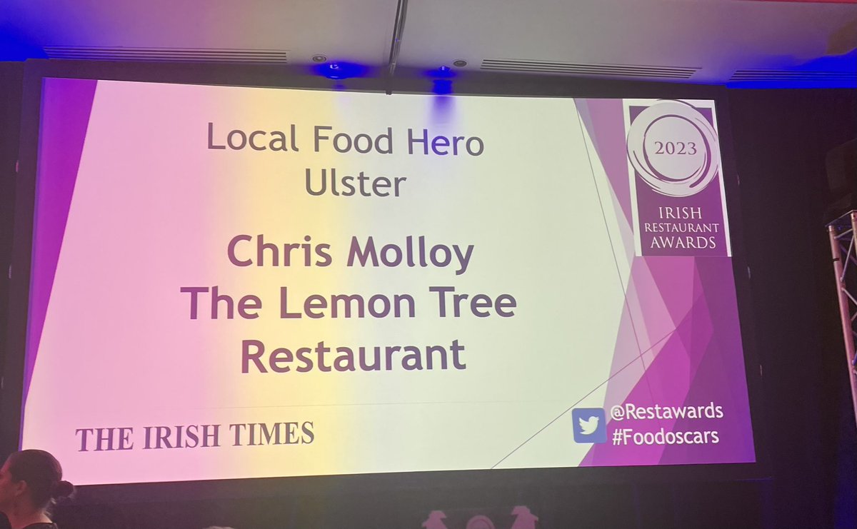 Congratulations to Chris Molloy of the Lemon Tree in Letterkenny on winning the “local food hero” award for Ulster sponsored by @IrishTimes at the @restawards in Dublin tonight #foodoscars #donegal #letterkenny