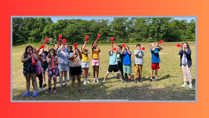 During Mrs. Turner's music class, fourth graders from Mrs. Ekstrom's class went outside and tried out soccer horns during a unit on brass instruments. #WeAreWJCC #norgeroadrunners