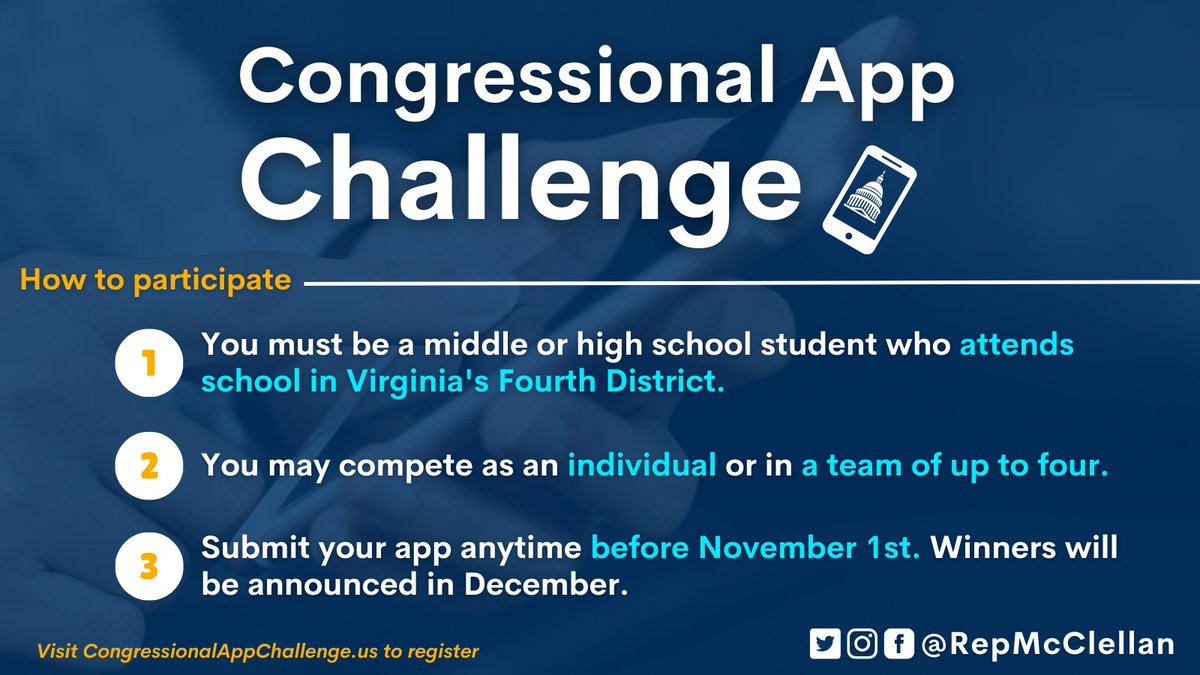 🚨 The Congressional App Challenge is now open! 📲
 
Are you interested in learning how to code or pursuing a career in computer science? Applications are now open for all VA-04 middle & high school students. 

More info is available here: bit.ly/VA04AppChallen…

 #Congress4CS