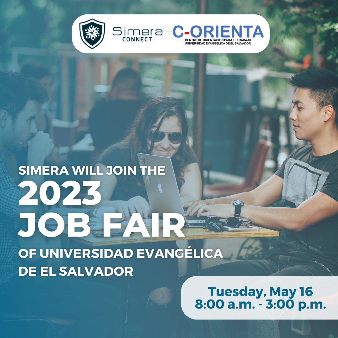 🇸🇻 To our El Salvador followers! Come meet us tomorrow! ✨Simera will be participating in the  highly anticipated 2023 Job Fair of Universidad Evangelica! 
Come to find us at our booth! ⭐