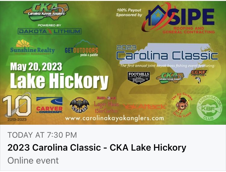 CarolinaYakAngl's tweet image. Join us tonight at 7:30 as we discuss the 1st Carolina Classic on FB live!!! Directors of all 3 participating clubs will attend to talk about the event and take questions!

#cckf #fka #cka10 #siperoofing #lakehickory #carolinaclassic #kayakfishing