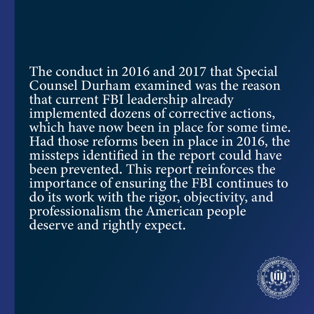Statement on Report by Special Counsel John Durham. Read the statement at: https://www.fbi.gov/news/press-releases/statement-on-report-by-special-counsel-john-durham