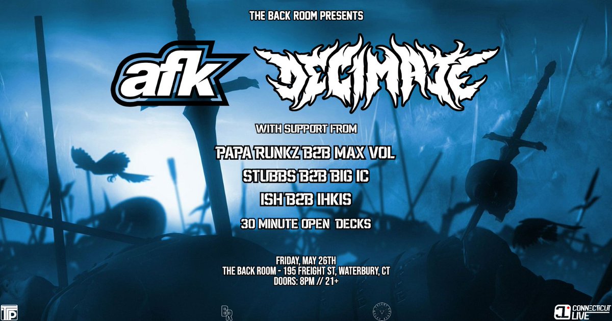 Up next we are back with some HEAVY Dubstep/Riddim vibes at The Back Room in Waterbury, CT next Friday!

AFK and Decimate are coming to snap some necks so don't miss out!

Big ups to <a href="/3xllc/">Triple Threat LLC</a> and The Back Room for putting this one on!

bit.ly/42GAp3s