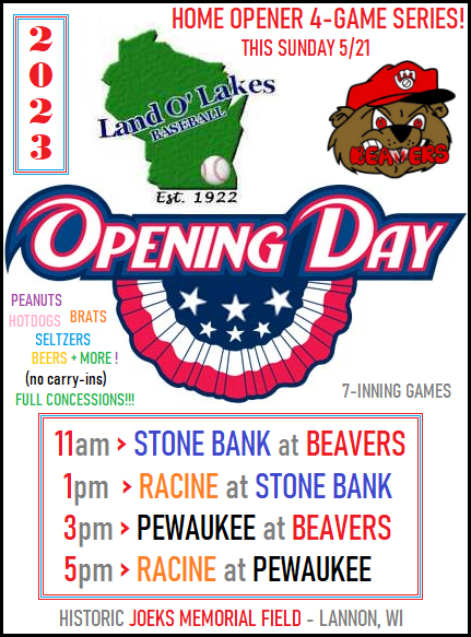MKEBeavers's tweet photo. Opening Day 4-game Series this Sunday! We kick things off vs @stonemenbasebal at 11am and again vs @TheRealMuskies at 3pm with @Kiwanisbirdbase getting into the mix as well! Concessions will be stacked, come out to Joecks all day! #GoBeavs #OpeningDay #SundayFunday https://t.co/7fRVk5XJ2P