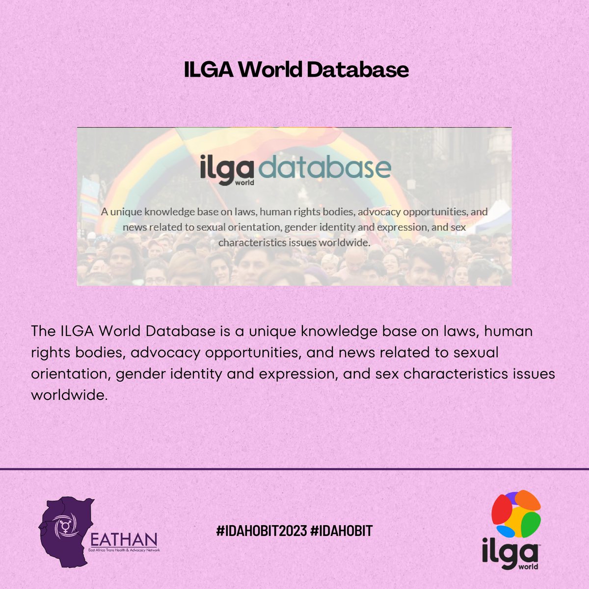 eastafricatrans's tweet photo. Useful Resources
3.ILGA World Database
This is a unique knowledge base on laws, human rights bodies, advocacy opportunities related to sexual orientation, gender identity and sex characteristics issues worldwide.
https://t.co/odFLnfORI9
#IDAHOBIT2023 #trans #intersex #itnb https://t.co/FSaMVIyerm