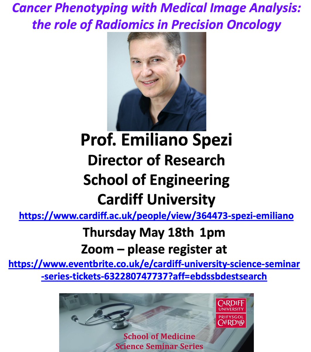Systems Immunity Research Institute (@cusystemsimmu) on Twitter photo Science Seminar on May 18th 1pm with Prof. Emiliano Spezi on Cancer Phenotyping with Medical Image Analysis: the role of Radiomics in Precision Oncology. Please register at eventbrite.co.uk/e/cardiff-univā¦ā¦
<a href="/EngineeringCU/">Cardiff University Engineering</a> @VelindreCC <a href="/DCGResearch/">Division of Cancer & Genetics</a> Science Seminar on May 18th 1pm with Prof. Emiliano Spezi on Cancer Phenotyping with Medical Image Analysis: the role of Radiomics in Precision Oncology. Please register at eventbrite.co.uk/e/cardiff-univā¦ā¦
<a href="/EngineeringCU/">Cardiff University Engineering</a> @VelindreCC <a href="/DCGResearch/">Division of Cancer & Genetics</a>