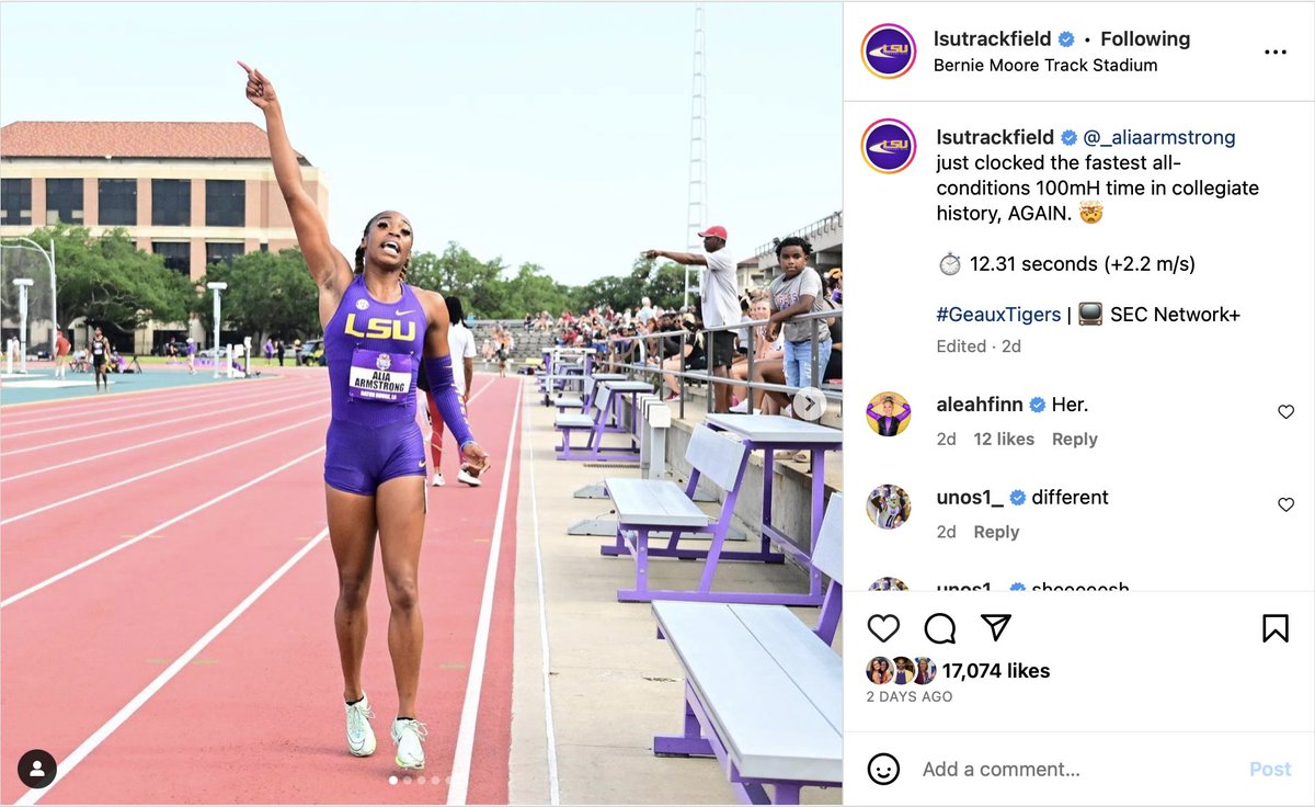 TheBrandLSU's tweet photo. NCAA Track and Field social media engagements, last 7 days:

1. @LSUTrackField: 125.1K
2. Kentucky: 80K
3. Georgia: 71.4K
4. Florida: 58.6K
5. Arkansas: 57.3K

#LSUvsTheWorld | #GeauxTigers https://t.co/ZfzUQHPgOl
