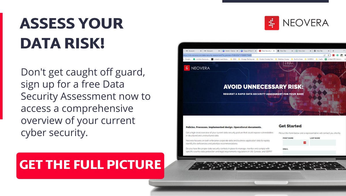 Neovera's tweet image. How secure is your data?
Avoid unnecessary risk for your #FinancialInstitution #data, request a rapid #DataSecurityAssessment.
Get the accurate picture now!
hubs.la/Q01N_kP40
#CyberSecurity #FinancialSecurity