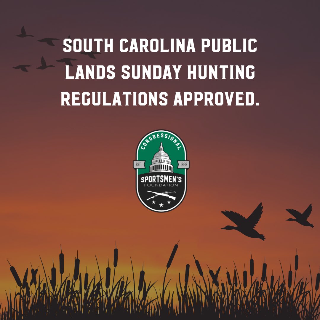 CSF would like to thank conservation partners and the SC Sportsmen's Caucus, especially Caucus Co-Chair <a href="/BobbyCoxSC/">Bobby J. Cox</a>, for their years of hard work to open seven-day hunting on Wildlife Management Areas in SC! #IFishIHuntIVote

congressionalsportsmen.org/news/south-car…
