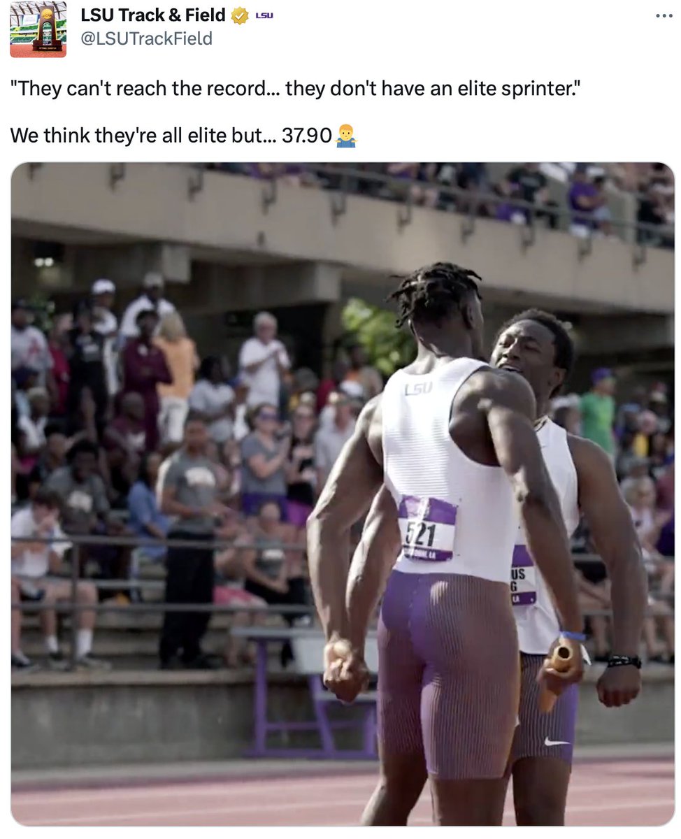 TheBrandLSU's tweet photo. NCAA Track and Field social media engagements, last 7 days:

1. @LSUTrackField: 125.1K
2. Kentucky: 80K
3. Georgia: 71.4K
4. Florida: 58.6K
5. Arkansas: 57.3K

#LSUvsTheWorld | #GeauxTigers https://t.co/ZfzUQHPgOl