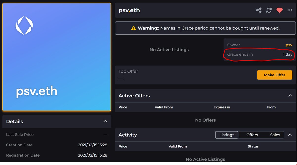 Yo <a href="/PSV/">PSV</a>, psv.eth, the ENS you registered over two years ago will expire and go into auction unless it's renewed by tomorrow