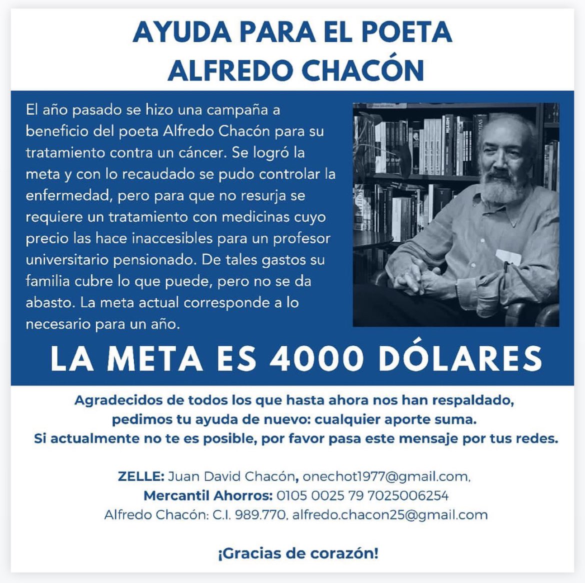 carlatofano's tweet photo. Esto no es un crowdfunding, pero es una petición amistosa dirigida a todos los allegados a mi padre Alfredo
Chacón que se sientan en la posibilidad de aportar apoyo económico para su tratamiento contra el cáncer. Acá les dejo las coordenadas, y de antemano, mil gracias 🙏🏽♥️♥️♥️ https://t.co/FzVHXxMd5s