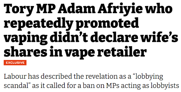 AshOrgUK's tweet photo. .@theipaper has revealed that Conservative MP Adam Afriyie vice chair of the APPG on vaping pushed ministers to put vaping at the heart of the UK’s anti-smoking drive without declaring that his family stands to profit https://t.co/O6X6GsbOS9