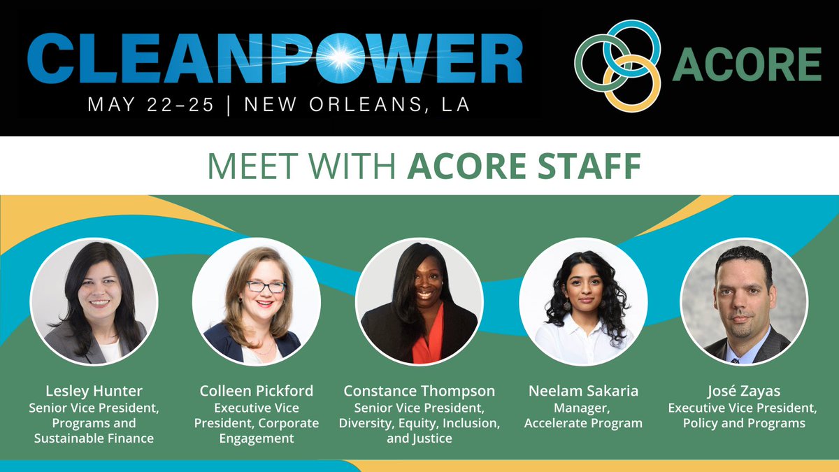 ACORE's tweet image. Join us next week at #CLEANPOWER2023!

ACORE leaders Lesley Hunter, Colleen Pickford, Constance Thompson, Neelam Sakaria and José Zayas will be in New Orleans. Learn more about ACORE and our programs by reaching out here to set up a time to meet. ➡️ forms.office.com/r/ZBcvD3keCd