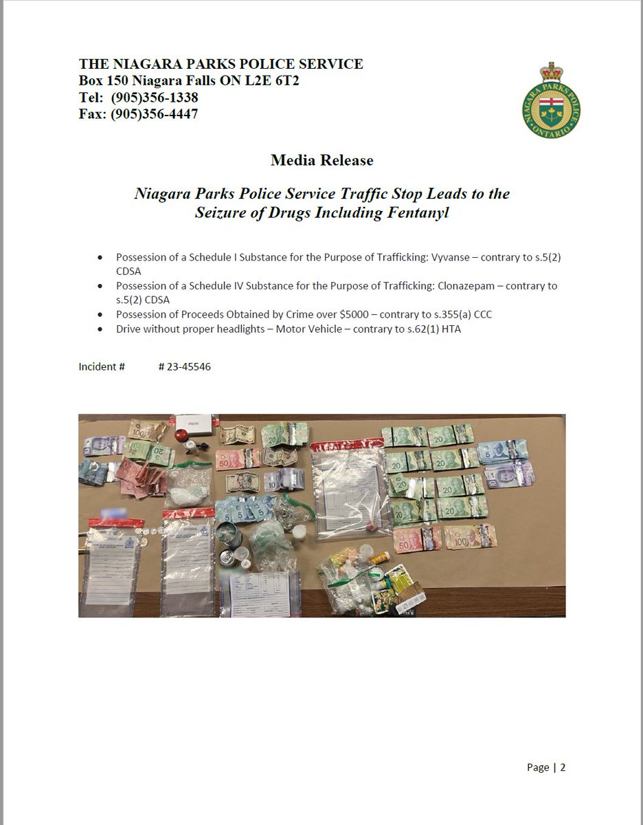 NiagParksPolice's tweet photo. @NiagParksPolice member on routine patrol Niagara River Pkwy conducted traffic stop on May 5th at Approx. 1:00 am. Investigation leads to arrest of 24 yr old Niagara Falls male, seizure of drugs (including fentanyl), and more than 13K in currency. Media release attached. https://t.co/zFSBQyYKV6
