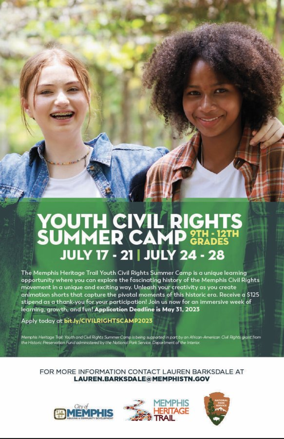 Applications are being accepted for The Memphis Heritage Trail Youth and Civil Rights Summer Camp through May 31. Grades 9-12 will have the opportunity to engage with important topics and issues relative to the Civil Rights Movement in Memphis. Apply here: bit.ly/CIVILRIGHTSCAM…