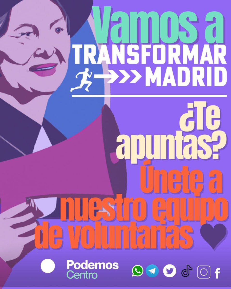 Podemos_Centro_'s tweet photo. 🟣 ¿Te gustaría colaborar en la campaña para #GanarMadrid? Puedes ser parte de la fuerza que va a #TransformarMadrid, para ello puedes escribirnos:
✉ por correo: circulocentro@circulospodemos.info
📲 por WhatsApp: https://t.co/SXEb7MKDCu
💜 Porque este #28M 𝗦𝗜 𝗦𝗘 𝗣𝗨𝗘𝗗𝗘 https://t.co/EFQuMRirCe