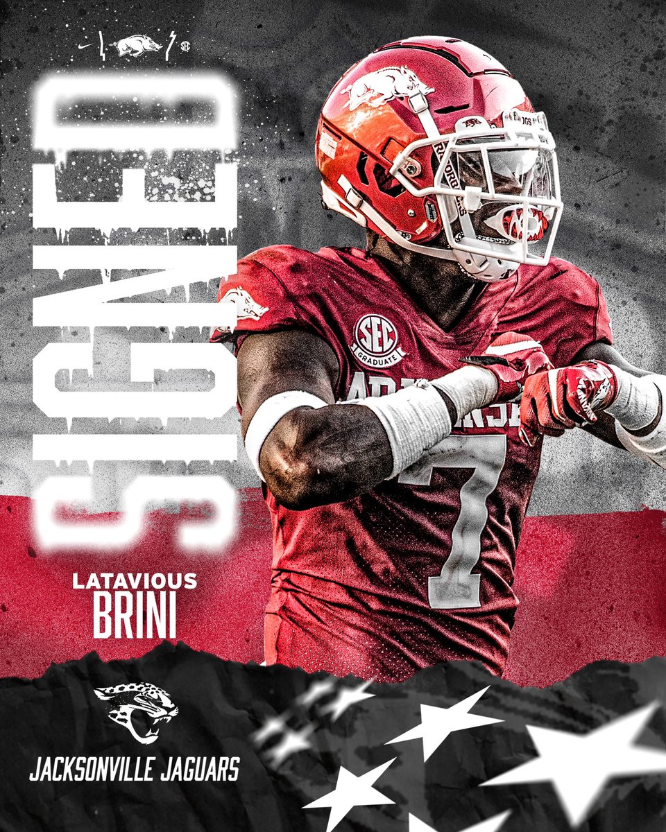 Arkansas Razorback Football (@razorbackfb) on Twitter photo Playmaker <a href="/Brinilatavious/">Latavious “The Vulture” Brini</a> has signed with the <a href="/Jaguars/">Jacksonville Jaguars</a>!
Congrats, Latavious! #ProHogs 🐗 Playmaker <a href="/Brinilatavious/">Latavious “The Vulture” Brini</a> has signed with the <a href="/Jaguars/">Jacksonville Jaguars</a>!
Congrats, Latavious! #ProHogs 🐗