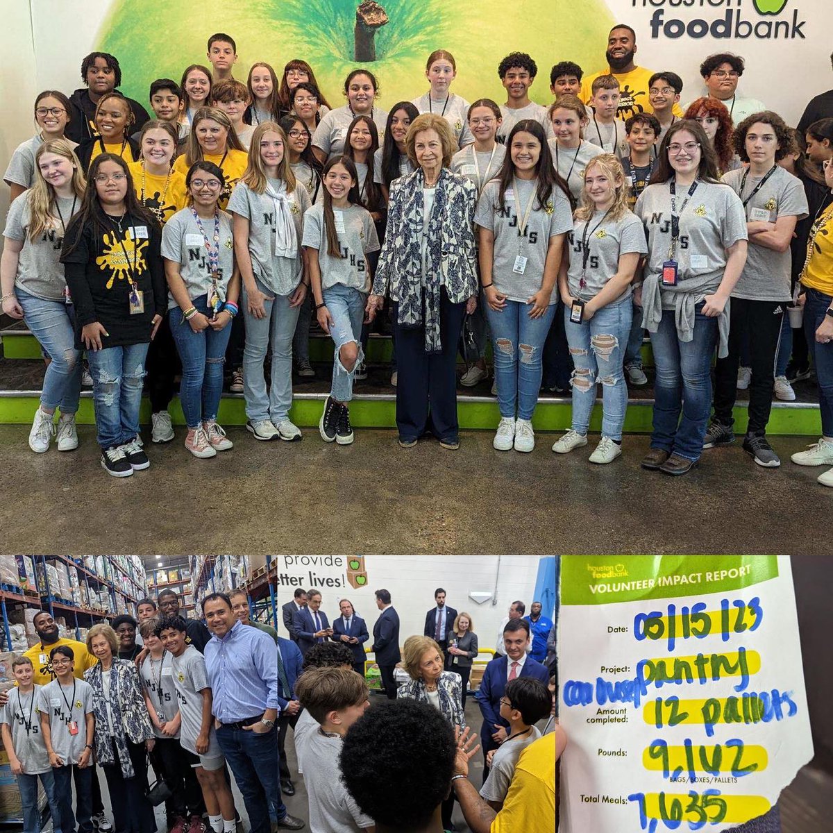 WhiteOak_MS's tweet photo. Today our Project Warrior students volunteered at the houstonfoodbank and while they were working they got to meet Spanish royalty! Our students were able to have a meet and greet with Queen Sofia of Spain. These students are truest #warriorsmakinganimpact #woms_warriors #warrio https://t.co/46XhZMGXxp