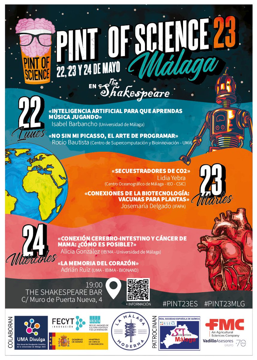 afotoquimico's tweet photo. Sólo una semana para que comience el festival de divulgación Pint of Science #Pint23MLG. Charlas cortas divulgativas con temas que van desde arqueología fenicia hasta adicciones a sectas, de IA a cambio climático. Os esperamos en los bares! #TheShakespeare y #Morrisseys #Pint23ES https://t.co/PP1eeKQOdG